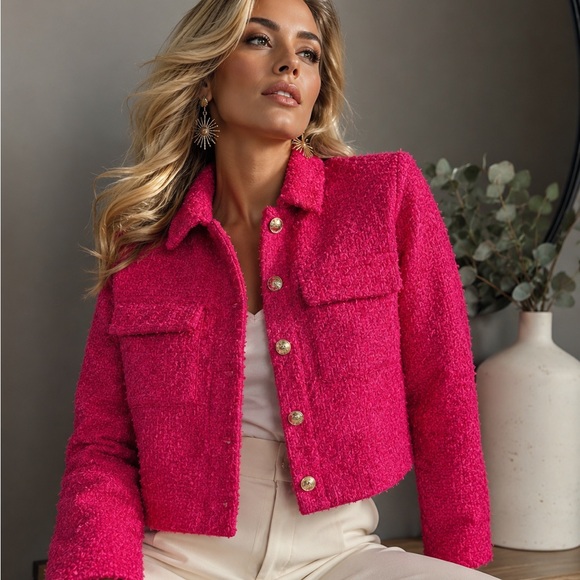 Rachel Zoe Jackets & Blazers - Rachel Zoe Fuchsia Bouclé Cropped Jacket with Gold Buttons